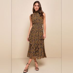 Lulu's Black and Yellow Floral Midi Dress